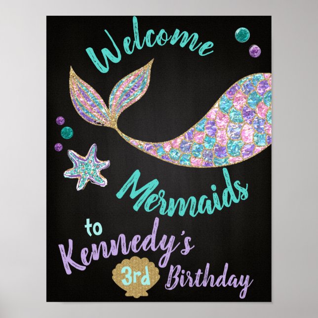 Welcome Mermaids, Mermaid Birthday Sign, Chalk Poster (Front)
