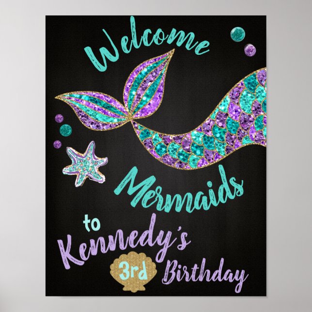Welcome Mermaids, Mermaid Birthday Sign, Chalk Poster (Front)