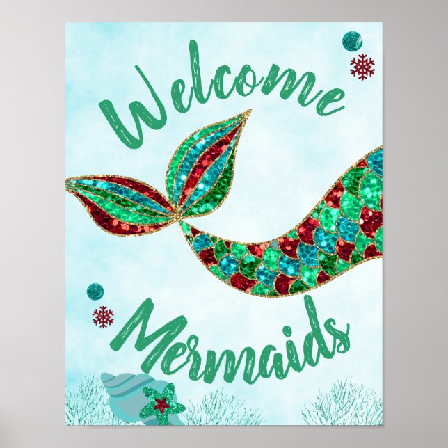 Welcome Mermaids, Mermaid Birthday Sign, Christmas Poster (Front)