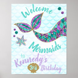 Welcome Mermaids, Mermaid Birthday Sign, Poster