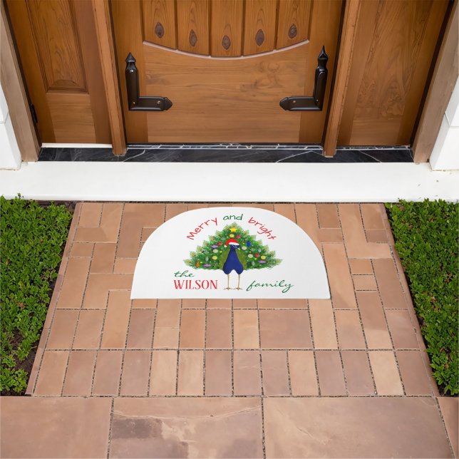 Welcome Merry and Bright Christmas Tree Peacock Doormat (Outdoor)