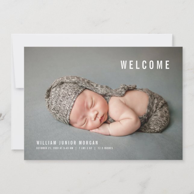 Welcome Minimalist Birth Announcement Photo Cards (Front)