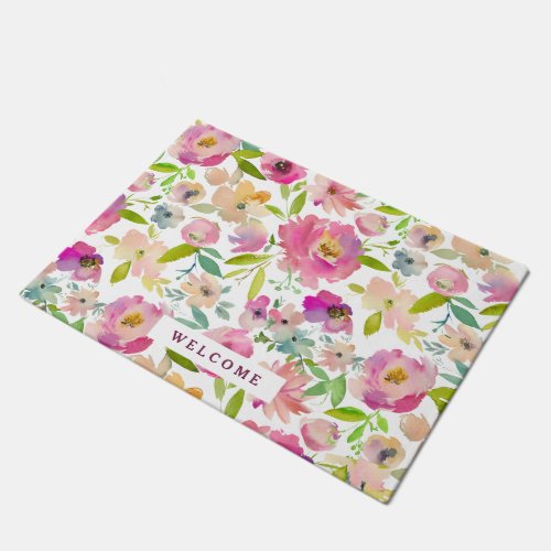 Welcome Mint Blush Pink Watercolor Floral Pattern Doormat