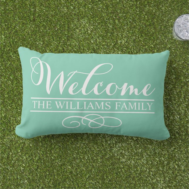 Welcome Mint Green Custom Last Name Outdoor Pillow (Grass)