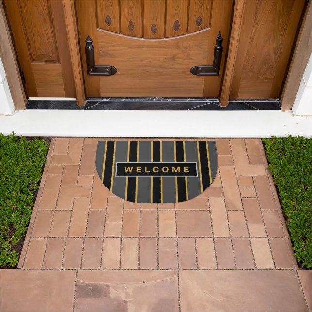 Welcome Modern Black And Gold Stripes Custom Doormat (Outdoor)