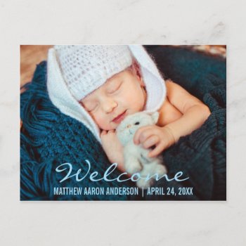 Welcome Modern New Baby Photo Announcement  Blue by HappyMemoriesPaperCo at Zazzle