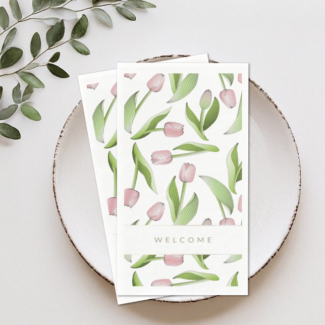 Welcome Modern Pink Tulip Floral Paper Guest Towels (Creator Uploaded)