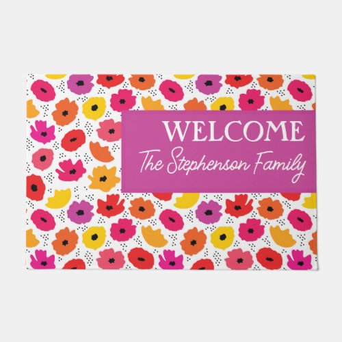 Welcome Modern Poppy Floral Pattern Script Name Doormat