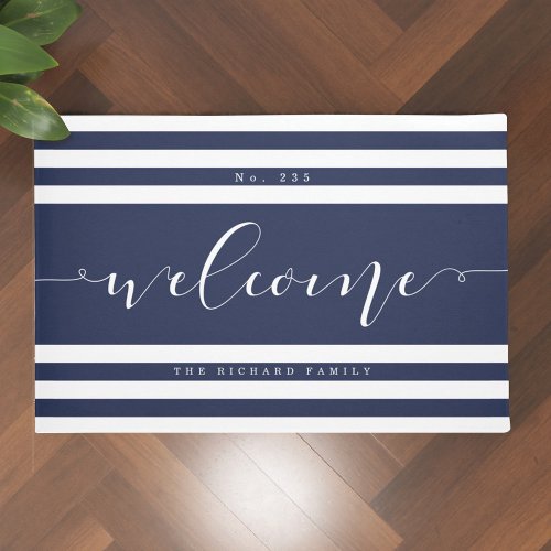 Welcome Modern Stripe House Number  Family Name Doormat