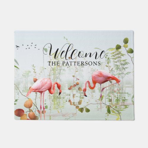 Welcome Modern Tropical Flamingo Family Name Doormat