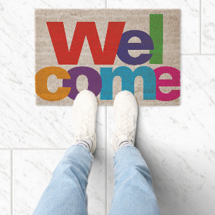 Welcome modern typography colorful coco coir fiber doormat