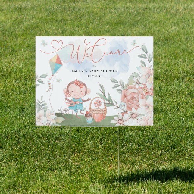 Welcome Monkey Girl Baby Shower Picnic Sign (Insitu)