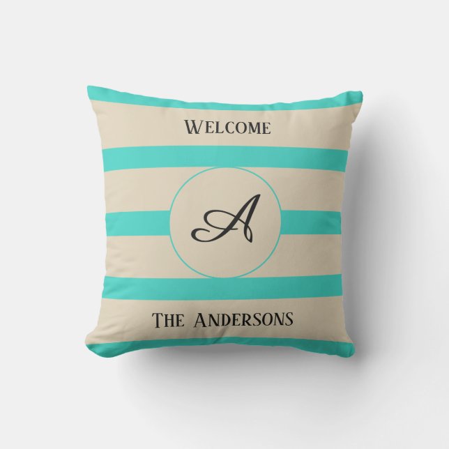 Welcome Monogram Family Name Turquoise Stripes Outdoor Pillow (Front)
