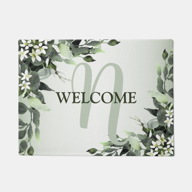 Welcome Monogram Greenery Floral Eucalyptus Leaves Doormat (Front)