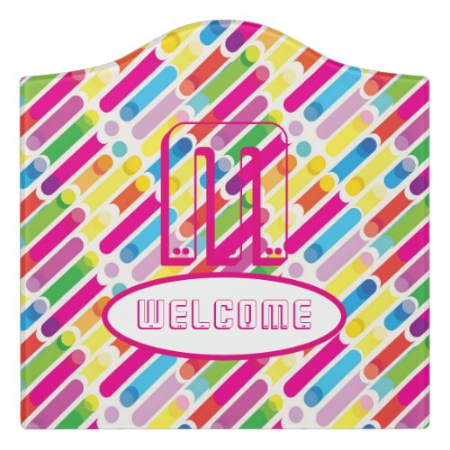 WELCOME  Monogram Rainbow Diagonal Lines Pop Art Door Sign