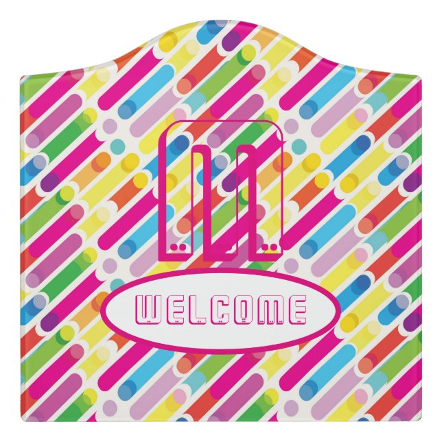 WELCOME & Monogram Rainbow Diagonal Lines Pop Art Door Sign (Large Crest Front)