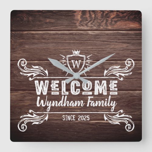 Welcome Monogram Rustic Logo Typography Wood Square Wall Clock