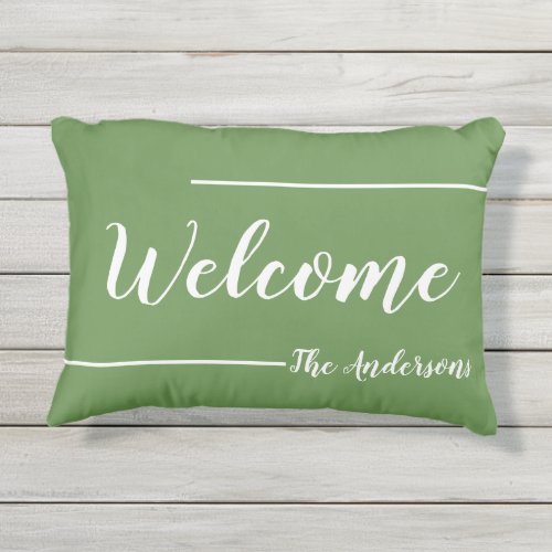 Welcome Moss Green and White Script Text Name Outdoor Pillow