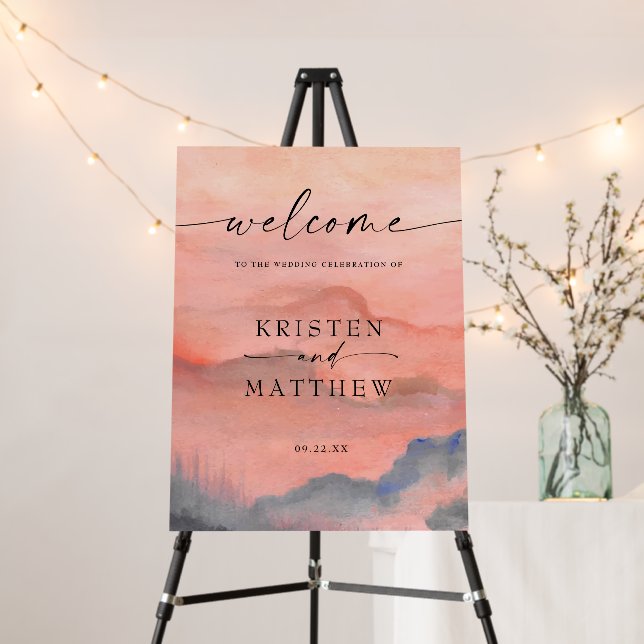 Welcome Mountain Watercolor Sunset Rustic Wedding Foam Board (In Situ (Stand))