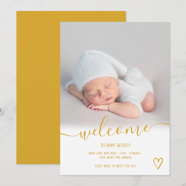 Welcome mustard script heart photo boy baby birth announcement (Front/Back)