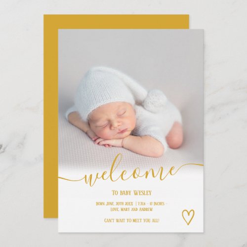 Welcome mustard script heart photo boy baby birth announcement
