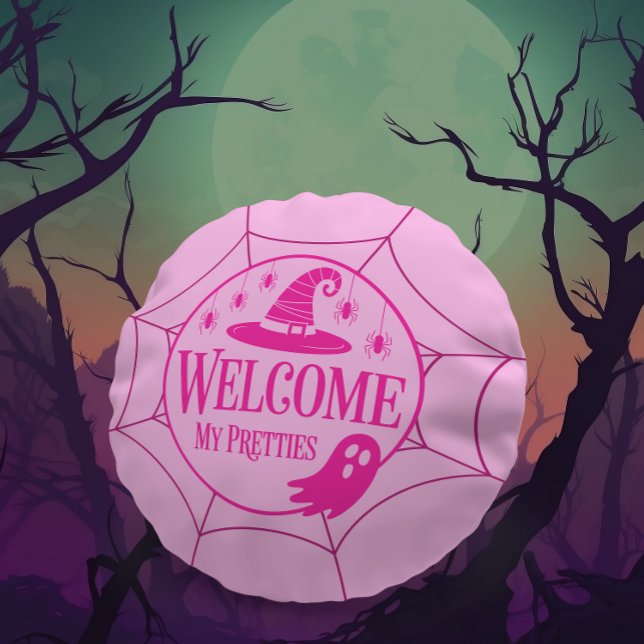 Welcome My Pretties Pink Halloween Spider Round Pillow (Creator Uploaded)