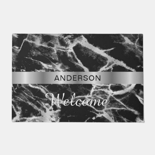 Welcome Name on Silver Band Black  Grey Marble Doormat