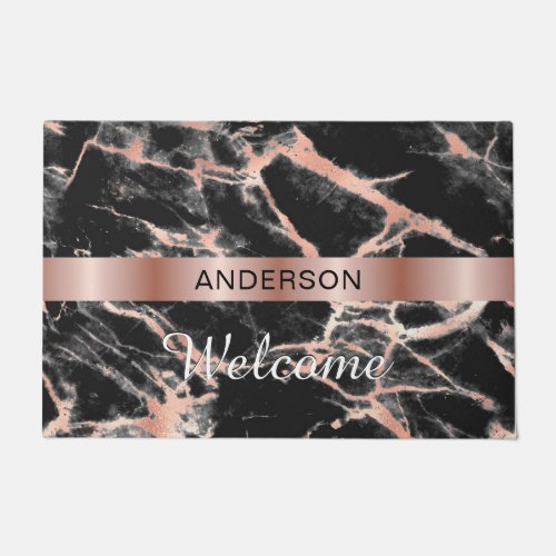 Welcome Name Rose Gold Band  Marble Design Doormat
