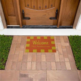 Welcome & Name Rust and Gold Checkerboard Border Doormat