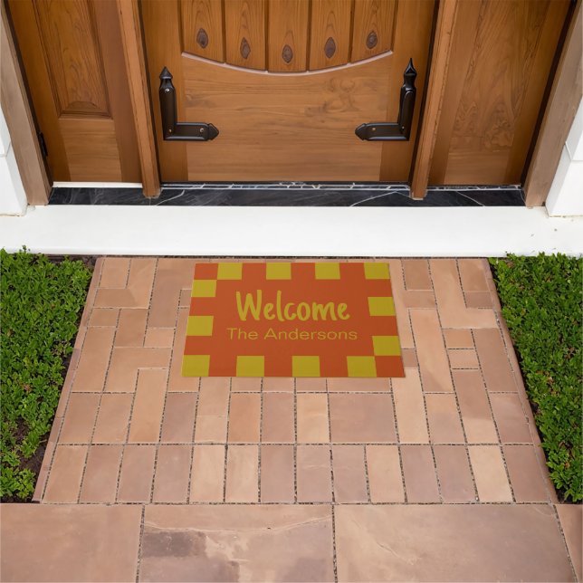 Welcome & Name Rust and Gold Checkerboard Border Doormat (Outdoor)