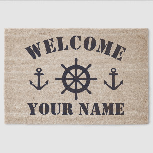 Welcome nautical anchor navy blue ship wheel fiber doormat
