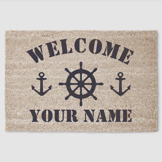 Welcome nautical anchor navy blue ship wheel fiber doormat (Front)