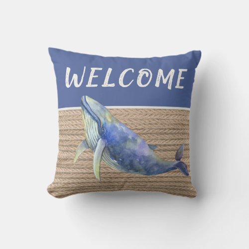 Welcome Nautical Blue Whale Rope Outdoor Pillow
