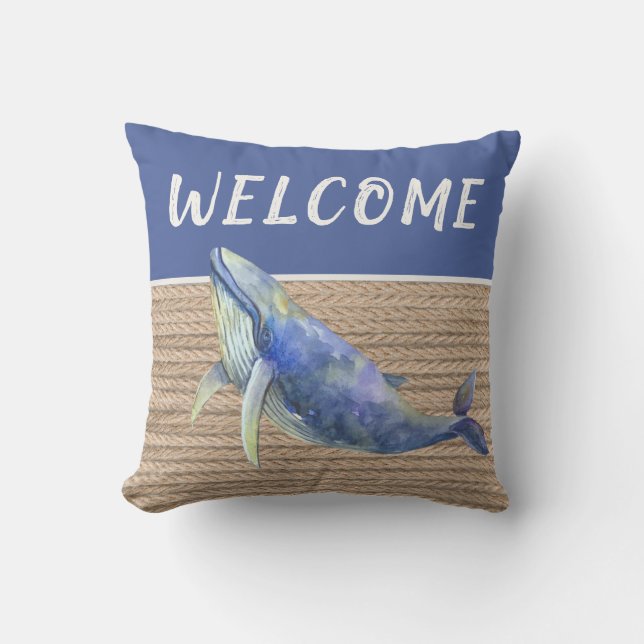 Welcome Nautical Blue Whale Rope Outdoor Pillow (Front)