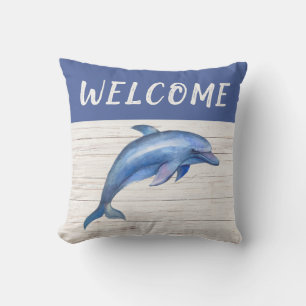 Welcome Nautical Blue Whale Rope Outdoor Pillow