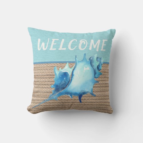 Welcome Nautical Shell Blue Crab Watercolor Rope Outdoor Pillow