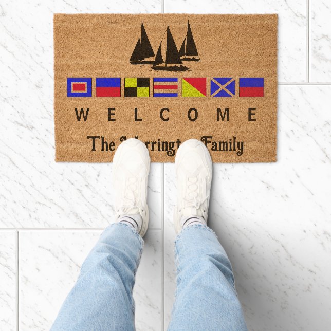 WELCOME Nautical Signal Flag Maritime Family Name Fiber Doormat (Insitu)