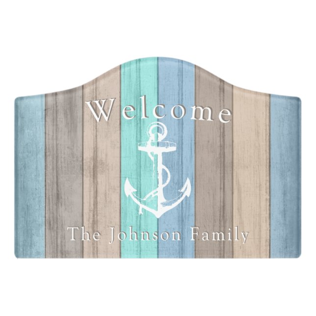 Welcome - Nautical Summer Beach Wood Anchor Door Sign (Small Crest Front)