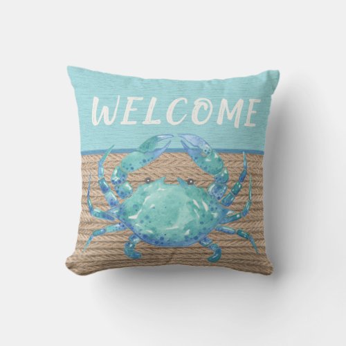 Welcome Nautical Teal Blue Crab Watercolor Rope  Outdoor Pillow