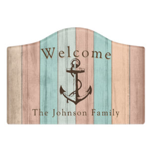 Welcome - Nautical Weathered Beach Wood Anchor Door Sign