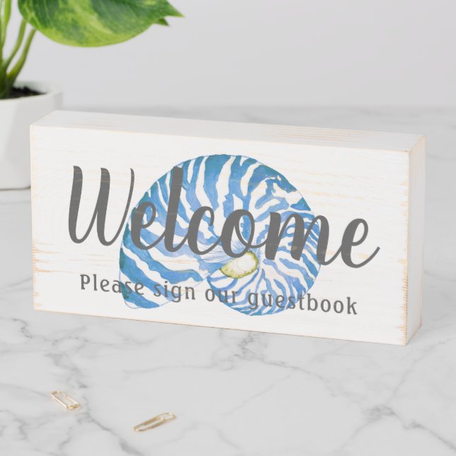 Welcome Nautilus Shell Guestbook Customizable Wooden Box Sign (In Situ Horizontal)