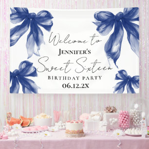 Welcome Navy Blue Bow Coquette Script Sweet 16 Banner