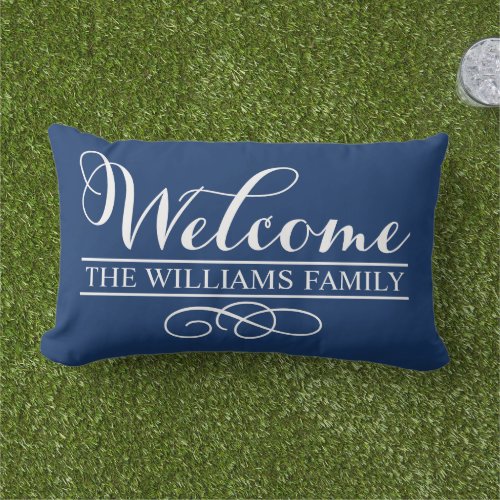 Welcome Navy Blue Custom Last Name Outdoor Pillow