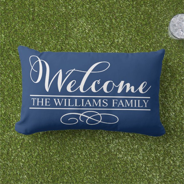 Welcome Navy Blue Custom Last Name Outdoor Pillow (Grass)