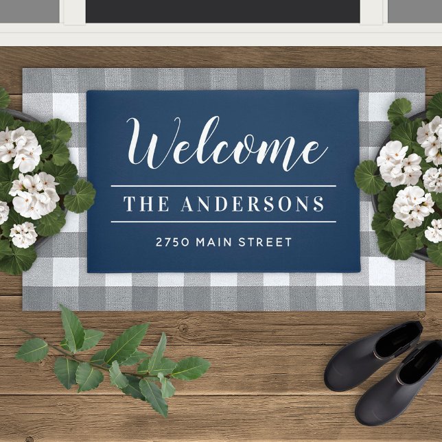 Welcome Navy Blue Family Name and Address Doormat (Creator Uploaded)