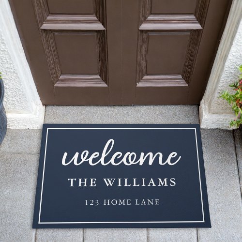 Welcome Navy Blue Family Name Personalized Doormat