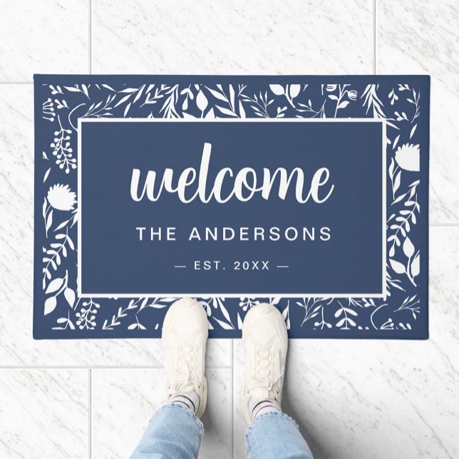 Welcome Navy Blue Floral Personalized  Doormat (Creator Uploaded)