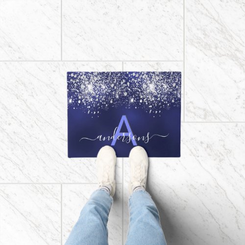 Welcome navy blue glitter family monogram doormat