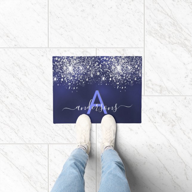 Welcome navy blue glitter family monogram doormat (Indoor)