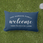 Welcome Navy Blue Personalized Family Name Address Lumbar Pillow<br><div class="desc">Simply stylish lumbar throw pillow feature "Welcome" modern script text in white with custom arched text that can be personalized with your family's last name monogram and your street address. Two sided design on the front and back included. The white text and navy blue background can be modified to coordinate...</div>